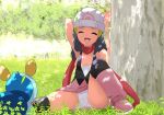  1girl arm_behind_head bare_arms beanie black_hair black_legwear boots breasts cleavage closed_eyes commentary_request dawn_(pokemon) day eyelashes gen_4_pokemon grass hair_ornament hairclip hat long_hair makoto_daikichi open_mouth outdoors over-kneehighs panties pantyshot pink_footwear piplup pokemon pokemon_(creature) pokemon_(game) pokemon_dppt polka_dot polka_dot_panties raised_eyebrows red_scarf scarf sitting smile spread_legs starter_pokemon thighhighs tongue tree underwear white_headwear white_panties |d 