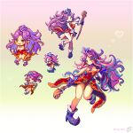  1girl angela_(seiken_densetsu_3) bare_shoulders boots chibi full_body gloves green_eyes happy hat heart high_heels hiroita holding holding_staff jewelry knees_together_feet_apart leotard long_hair looking_at_viewer multiple_views necklace pixel_art pointy_ears purple_gloves purple_hair red_leotard seiken_densetsu seiken_densetsu_3 showgirl_skirt smile staff strapless twitter_username very_long_hair wooden_staff 
