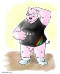  2014 anthro balls caesarcub clothing domestic_pig english_text eyes_closed eyewear flaccid genitals glasses humanoid_genitalia humanoid_penis male mammal overweight overweight_anthro overweight_male penis shirt solo suid suina sus_(pig) text topwear 