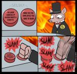  2021 anthro bow_tie button_(disambiguation) capitalist_pig clothed clothing comic domestic_pig english_text eyewear happyroadkill hat headgear headwear hi_res humor male mammal monocle motion_blur onomatopoeia political_cartoon politics solo sound_effects suid suina suit sus_(pig) text top_hat 