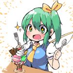  +_+ 1girl blue_vest blush bow cherry commentary daiyousei drooling fairy_wings food fork fruit green_eyes green_hair hair_bow hands_up holding holding_fork holding_spoon kuromu_(underporno) medium_hair open_mouth parfait shirt short_sleeves side_ponytail solo sparkle spoon table touhou upper_body vest whipped_cream white_background white_shirt wings yellow_bow yellow_neckwear 