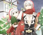  1boy 1girl :3 :o armor assassin_cross_(ragnarok_online) bag bangs black_cape black_pants black_shirt blue_eyes blush brown_dress candy candy_cane cape christmas christmas_tree commentary_request creator_(ragnarok_online) dress drops_(ragnarok_online) eyebrows_visible_through_hair food gauntlets gift gloves green_eyes hair_between_eyes hat holding holding_bag holly house looking_at_viewer marin_(ragnarok_online) negi_mugiya open_clothes open_shirt ornament pants pauldrons pine_tree plant poporing poring potted_plant pouch ragnarok_online red_cape red_scarf santa_hat scarf shirt short_dress short_hair shoulder_armor skull snowing torn_cape torn_clothes torn_scarf tree upper_body waist_cape white_gloves white_hair wrapping_paper wreath 