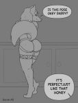  anthro bulge butt canid canine canis clothing daddy_kink dialogue english_text gazuki hi_res jockstrap male male/male mammal monochrome rear_view solo text underwear wolf 