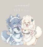  2021 5_fingers anthro belly blue_eyes blush breasts canid canine canis cleavage clothed clothing daww domestic_dog duo english_text eyes_closed female fingers fluffy fluffy_tail fur grey_body grey_fur grey_hair hair hi_res kemonngo kemono kneeling long_hair looking_at_viewer maid_uniform mammal medium_breasts navel open_mouth open_smile pawpads simple_background smile snout teeth text tongue tongue_out uniform white_body white_fur white_hair wolf 