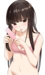  1girl bangs black_hair blunt_bangs bottomless bra brown_eyes commentary_request groin hair_brush hatsuyuki_(kancolle) highres hime_cut kantai_collection long_hair no_panties pink_bra sakieko simple_background solo tongue tongue_out underwear underwear_only white_background 