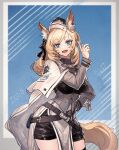  1girl :d animal_ear_fluff animal_ears arknights bangs belt black_headwear black_legwear black_shorts blonde_hair blue_background blue_eyes breasts character_name clothes_writing commentary_request contrapposto eyebrows_visible_through_hair eyelashes framed_breasts garrison_cap hand_on_hip hand_up hat horse_ears horse_girl horse_tail index_finger_raised large_breasts long_sleeves looking_at_viewer open_mouth ryuuzaki_ichi short_shorts shorts smile solo swept_bangs tail thighhighs whislash_(arknights) 