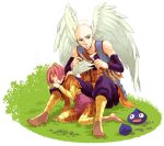  1boy 1girl angel angel_wings angry bald blue_eyes boots brush brushing closed_eyes closed_mouth detached_sleeves dragon_quest dragon_quest_ix full_body grass halo haruki_(8537561lll) heroine_(dq9) holding holding_brush izayaarl leaning_on_person pants pantyhose pink_hair pink_skirt short_hair sitting skirt slime_(dragon_quest) striped striped_legwear vest wings 