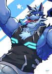  anthro blue_body blue_fur canid canine canis dark-dusk dark4202n fur hi_res long_tongue male mammal sleeveless_hoodie solo tindalos_(tas) tokyo_afterschool_summoners tongue video_games wolf 