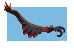  2019 absurd_res ambiguous_gender anomalocarid anomalocaris arthropod black_body blue_background claws feral glistening glistening_body glistening_eyes great_appendages hi_res marine markings orange_eyes orange_markings red_markings red_tail side_view signature simple_background solo thewoodparable white_background 