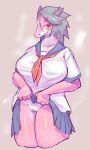  alternate_version_at_source anthro big_breasts biped blush bodily_fluids bottomwear breasts clothed clothing clothing_lift dragon female genital_fluids genitals hair hi_res horn looking_at_viewer no_underwear pink_body pussy pussy_juice red_eyes scalie school_uniform simple_background skirt skirt_lift solo solterv standing sweat uniform 