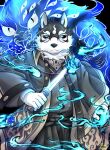  a82102111 anthro black_and_white_fur canid canine canis clothing domestic_cat domestic_dog eyewear felid feline felis glasses male mammal masanori melee_weapon robe spirit sword tokyo_afterschool_summoners video_games weapon 
