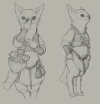  anthro belt black_desert_online bouquet clothed clothing covering covering_mouth crestfallenartist disembodied_hand dress duo female flower grey_background hi_res humanoid_hands mammal monochrome mustelid papu plant rose_(flower) simple_background standing topwear vest whiskers 