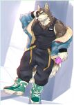  2021 anthro biceps blue_eyes brown_body brown_fur canid canine canis clothing fur gryffindor131 hi_res male mammal muscular muscular_anthro muscular_male ogami_aratsuka simple_background solo virtual_youtuber wolf 