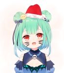  1girl :d animal_on_head bangs bare_shoulders bird black_bow blue_dress blue_sleeves blush bow chick detached_sleeves deyui double_bun drawn_whiskers dress earrings eyebrows_visible_through_hair fang fur-trimmed_headwear green_hair hair_bow hair_ornament hat highres hololive jewelry looking_at_viewer on_head open_mouth puffy_sleeves red_eyes red_headwear santa_hat simple_background skull_earrings skull_hair_ornament sleeveless sleeveless_dress smile solo upper_body uruha_rushia virtual_youtuber white_background 