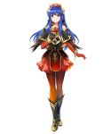  1girl alternate_costume armor bangs bare_shoulders blue_eyes blue_hair boots bracelet closed_mouth collarbone elbow_gloves feather_trim fire_emblem fire_emblem:_the_binding_blade fire_emblem_heroes full_body gloves gold_trim gradient gradient_clothes hand_on_own_chest hat highres jewelry lilina_(fire_emblem) lips long_hair looking_at_viewer miniskirt official_art pantyhose red_gloves red_skirt shiny shiny_hair shiny_skin skirt smile solo standing transparent_background yamada_koutarou 