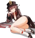  1girl ass black_headwear black_shorts bracelet breasts brown_hair cleavage flower-shaped_pupils genshin_impact ghost gnai highlights highres hu_tao jewelry knees legs legs_together long_hair looking_at_viewer lying multicolored_hair on_side ring shorts smile socks solo tailcoat thighs 