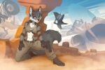  4_toes 5_fingers abs anthro black_hair black_nose breasts canid canine clothed clothing crouching day detailed_background feet female fingers fox fur grey_body grey_fur gun hair handgun iskra looking_at_viewer mammal outside purple_eyes ranged_weapon sky smile toes weapon 