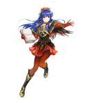  1girl alternate_costume armor bangs bare_shoulders blue_eyes blue_hair book boots bracelet closed_mouth elbow_gloves feather_trim fire_emblem fire_emblem:_the_binding_blade fire_emblem_heroes full_body gloves gold_trim gradient gradient_clothes hat highres holding holding_book jewelry leg_up lilina_(fire_emblem) long_hair looking_away magic miniskirt official_art open_book pantyhose red_gloves red_skirt shiny shiny_hair sidelocks skirt solo yamada_koutarou 