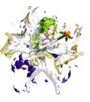  1girl amagai_tarou bangs bare_shoulders blush boots collarbone criss-cross_halter dress elbow_gloves fire_emblem fire_emblem:_the_sacred_stones fire_emblem_heroes full_body gloves green_eyes green_hair hair_ornament halterneck highres holding jewelry l&#039;arachel_(fire_emblem) long_hair looking_away official_art one_eye_closed open_mouth shiny shiny_hair solo staff thigh_boots thighhighs tied_hair torn_clothes transparent_background white_footwear white_gloves younger 