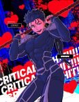  1boy abs armor beads blood blood_splatter blue_bodysuit blue_hair bodysuit cowboy_shot critical_hit cu_chulainn_(fate)_(all) cu_chulainn_(fate/stay_night) earrings english_text fangs fate/stay_night fate_(series) gae_bolg_(fate) grin hair_beads hair_ornament heart highres holding holding_polearm holding_weapon jewelry long_hair looking_at_viewer male_focus muscular muscular_male open_mouth pauldrons pectorals polearm polearm_behind_back ponytail red_eyes shoulder_armor skin_tight smile solo spiked_hair weapon yangga909 