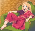  1girl :d anklet armchair bangle bangs barefoot black_shirt blonde_hair bracelet breasts chair commentary_request earrings facial_mark forehead forehead_mark green_eyes gucchiann hand_on_own_knee highres indian_clothes indie_virtual_youtuber jewelry long_hair medium_breasts nakishaku_yogaru on_chair open_mouth pants parted_bangs red_pants sari shirt short_sleeves smile solo twintails virtual_youtuber 