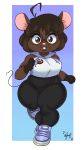  anthro clothing crop_top eyewear female footwear glasses gwen_(joaoppereiraus) hi_res hoodie mammal mouse murid murine panthera_cantus rodent running shirt shoes short_stack smiling_at_viewer sneakers solo thick_thighs tight_clothing topwear 