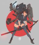  1girl absurdres angry black_gloves black_hair closed_mouth covered_nipples eyepatch gloves glowing glowing_eyes grey_legwear grey_skirt headgear highres holding holding_sword holding_weapon imperial_japanese_navy kantai_collection leaning_forward mecha_musume necktie obokhan personification scabbard scar sheath short_hair skirt sleeves_rolled_up solo sword tenryuu_(kancolle) thighhighs weapon yellow_eyes 