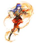  1girl alternate_costume armor bangs bare_shoulders blue_eyes blue_hair book boots bracelet elbow_gloves feather_trim fire fire_emblem fire_emblem:_the_binding_blade fire_emblem_heroes full_body gloves gold_trim gradient gradient_clothes hat highres holding holding_book jewelry leg_up lilina_(fire_emblem) long_hair looking_away magic miniskirt official_art open_book open_mouth pantyhose red_gloves red_skirt shiny shiny_hair sidelocks skirt solo yamada_koutarou 