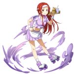  1girl apron collarbone full_body hair_intakes highres holding holding_plate jacket leaning_forward long_hair midriff miniskirt navel official_art plate pleated_skirt purple_neckwear red_hair roller_skates shiny shiny_hair short_sleeves skates skirt solo stomach striped sword_art_online sword_art_online:_memory_defrag tiese_schtrinen transparent_background vertical-striped_jacket vertical-striped_skirt vertical_stripes very_long_hair visor_cap waist_apron white_apron wristband 