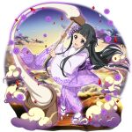  1girl :d bangs black_eyes black_hair blunt_bangs braid floating_hair floral_print full_body hair_ornament hammer highres holding holding_hammer japanese_clothes kimono long_hair long_sleeves looking_up official_art open_mouth print_kimono purple_kimono shiny shiny_hair smile solo standing sword_art_online sword_art_online:_memory_defrag tabi transparent_background very_long_hair white_legwear wide_sleeves yui_(sao) yukata 