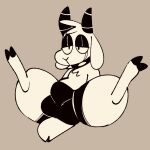  1:1 2021 anthro balls_outline bovid bulge caprine clothing collar digital_media_(artwork) genital_outline goat goatis half-closed_eyes hooves horn male mammal mostly_nude narrowed_eyes simple_background smile solo spiked_collar spikes squishy_(artist) thick_thighs underwear wide_hips 