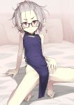  1girl bare_arms bare_legs bare_shoulders barefoot bed black-framed_eyewear black_dress blush canopy_bed china_dress chinese_clothes closed_mouth commentary_request curtains dress fang fang_out flying_sweatdrops forehead glasses grey_hair highres looking_at_viewer no_panties ogami_kazuki on_bed original pelvic_curtain pillow pointy_ears red_eyes sleeveless sleeveless_dress solo spread_legs squatting sweat 