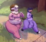  alpaca anthro balls_outline blush bodily_fluids bovid bulge camelid caprine clothed clothing digital_media_(artwork) duo flirting fur genital_outline genitals hair hi_res hoodie ill-fitting_clothes jroy101 male male/male mammal midriff navel outside overweight penis_outline slightly_chubby smile sweat thick_thighs topwear white_body workout_clothes 