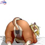  absurd_res anthro bed big_breasts blonde_hair breasts convenient_censorship cougar felid feline female furniture hair hi_res long_hair looking_at_viewer looking_back mammal overweight pawpads solo tail_censorship wffl_(artist) 