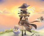  1girl brown_cape brown_capelet brown_footwear brown_gloves cape cliff cloud commentary_request fingerless_gloves from_behind full_body gazebo gloves grass island long_hair negi_mugiya ocean orange_sky outdoors palm_tree ragnarok_online sage_(ragnarok_online) seal_(ragnarok_online) shoes sky standing striped_cape striped_capelet sunset tree waist_cape water 