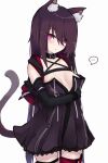  1girl animal_ear_fluff animal_ears arknights bangs breasts cat_ears cat_girl cat_tail cowboy_shot dress elbow_gloves eyebrows_visible_through_hair gloves highres kitorakito long_hair looking_at_viewer medium_breasts melantha_(arknights) purple_dress purple_eyes purple_hair short_dress solo standing tail 