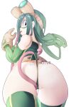  1girl alternate_breast_size artist_name asui_tsuyu boku_no_hero_academia breasts commentary english_commentary from_below gloves green_hair headgear hot_vr large_breasts long_hair looking_at_viewer looking_back partially_visible_vulva patreon_username pixiv_username simple_background solo thighhighs tongue two-tone_leotard white_background 