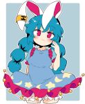  1girl animal_ears blue_background blue_dress blue_hair border bunny_ears closed_mouth crescent_print cropped_legs dress ear_clip eyebrows_visible_through_hair highres ini_(inunabe00) long_hair looking_at_viewer low_twintails pink_eyes seiran_(touhou) short_sleeves simple_background smile solo star_(symbol) star_print touhou twintails white_border 