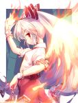  1girl bamboo bamboo_forest bangs border bow closed_mouth cowboy_shot eyebrows_visible_through_hair fiery_wings fire forest from_side fujiwara_no_mokou hair_bow isu_(is88) long_hair looking_at_viewer multiple_bows nature ofuda ofuda_on_clothes outdoors pants pyrokinesis red_eyes red_pants shirt solo standing suspenders torn_clothes torn_sleeves touhou very_long_hair white_border white_hair white_shirt wings 