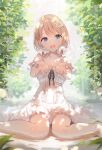 1girl bare_shoulders blonde_hair blue_eyes blurry blurry_background breasts cleavage collarbone daisy dress flower hair_flower hair_ornament head_tilt highres leaf looking_at_viewer nijihashi_sora open_mouth original outstretched_arms plant short_hair sitting sleeveless smile solo wariza water white_dress white_flower 