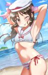  1girl arm_behind_head armpits beach bikini blue_sky breasts brown_eyes brown_hair cloud commentary_request dated day dutch_angle half_updo heart highres idolmaster idolmaster_cinderella_girls island jun_piro light_rays long_hair looking_at_viewer mismatched_bikini ocean one_eye_closed outdoors sailor_bikini sailor_collar side-tie_bikini signature sky small_breasts solo striped sunbeam sunlight swimsuit tachibana_arisu tongue tongue_out white_bikini white_sailor_collar 