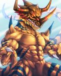  abs claws clenched_hand closed_mouth cowboy_shot digimon digimon_(creature) digimon_savers geogreymon glowing glowing_eyes highres horns looking_ahead male_focus muscular muscular_male no_humans pectorals scar scar_across_eye scar_on_face sharp_teeth solo tail teeth thick_thighs thighs tosaka_rai 