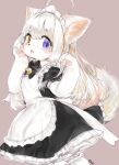  ahoge anthro blue_eyes blush breasts chromatic_aberration clothing domestic_cat felid feline felis female fur hair heterochromia kemono long_hair looking_at_viewer maid_uniform mammal open_mouth orange_eyes pawpads pink_background simple_background small_breasts solo standing tai_tai_kun taitai text uniform white_body white_fur white_hair young 