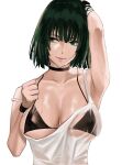  1girl arm_up armpits bangs black_choker blunt_bangs breasts choker cleavage closed_mouth collarbone fubuki_(one-punch_man) green_eyes green_hair hand_in_hair hand_on_own_chest highres j@ck large_breasts looking_away looking_to_the_side one-punch_man see-through shirt short_hair simple_background skindentation smile solo sweatband tank_top upper_body wet wet_clothes wet_shirt white_background 