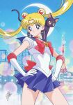  1girl animal animal_on_shoulder bishoujo_senshi_sailor_moon blonde_hair blue_eyes brooch building cat cat_on_shoulder choker circlet city contrapposto cowboy_shot crescent crescent_earrings crescent_moon double_bun earrings elbow_gloves gloves hands_on_hips jewelry long_hair luna_(sailor_moon) magical_girl marco_albiero miniskirt moon sailor_collar sailor_moon signature skirt skyscraper smile solo tokyo_tower tsukino_usagi twintails white_gloves 