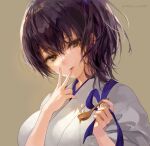  1girl 888myrrh888 breasts brown_background brown_eyes brown_hair eyebrows_visible_through_hair fingernails hair_between_eyes highres holding holding_spoon japanese_clothes kaga_(kancolle) kantai_collection large_breasts lips long_hair side_ponytail simple_background solo spoon tasuki tongue tongue_out twitter_username upper_body 