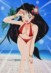  1girl ;d arm_on_knee arm_up beach bikini bishoujo_senshi_sailor_moon black_hair blue_sky blush boat bracelet breasts day earrings fangs flower hair_flower hair_ornament hand_on_forehead hino_rei jewelry leaning_forward long_hair looking_at_viewer medium_breasts navel ocean one_eye_closed open_clothes open_hand open_mouth outdoors palm_tree red_bikini sand sky smile solo source_request standing star_(symbol) star_earrings stomach swimsuit tree tree_shade very_long_hair watercraft 