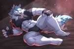  abs angry_face anthro biting_clothing black_background black_clothing blue_eyes brand_new_animal bulge canid canine canis claws clothing collar feet genital_outline gloves hand_on_knee hand_on_leg handwear kamyuelo lying male mammal muscular muscular_anthro muscular_male penis_outline shirou_ogami simple_background solo studio_trigger toe_claws toes underwear wolf 