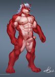  abs anthro barazoku biceps black_nose canid canine canis censored digital_media_(artwork) fur fuwayuuko genitals hair hi_res humanoid_genitalia humanoid_penis kemono male mammal muscular muscular_anthro muscular_male nipples nude pecs penis red_body red_fur solo tattoo wolf 