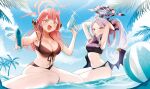  2girls absurdres armpits arms_up aru_(blue_archive) ball bangs beachball bikini black_bikini blue_archive blue_sky breasts cleavage eyebrows_visible_through_hair eyes_visible_through_hair hairband halo highres hina_(blue_archive) horns in_water kuma_daigorou large_breasts long_hair looking_at_viewer low_wings mouth_hold multiple_girls navel open_mouth outdoors palm_leaf palm_tree pink_eyes pink_hair purple_eyes shallow_water silver_hair sitting sky stomach swimsuit tree v-shaped_eyebrows wariza water water_gun wings 